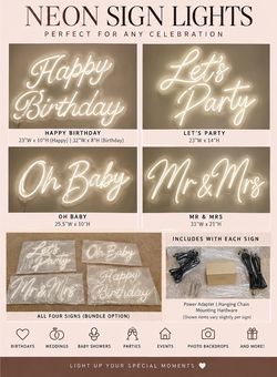 4 LED Neon Event Signs – Bundle or Individual | Happy Birthday, Mr & Mrs, Oh Baby + Let’s Party