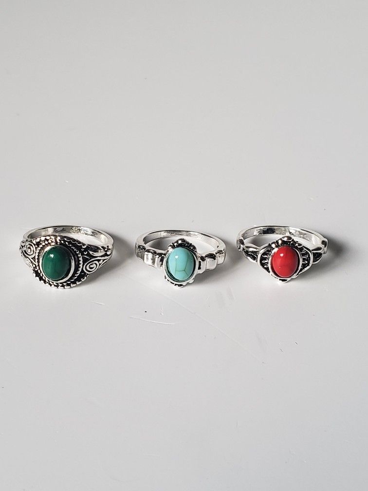3 pieces Women's Rings Bohemia Antique Silver plated Stone Finger joint Ring, Fashion Size 8