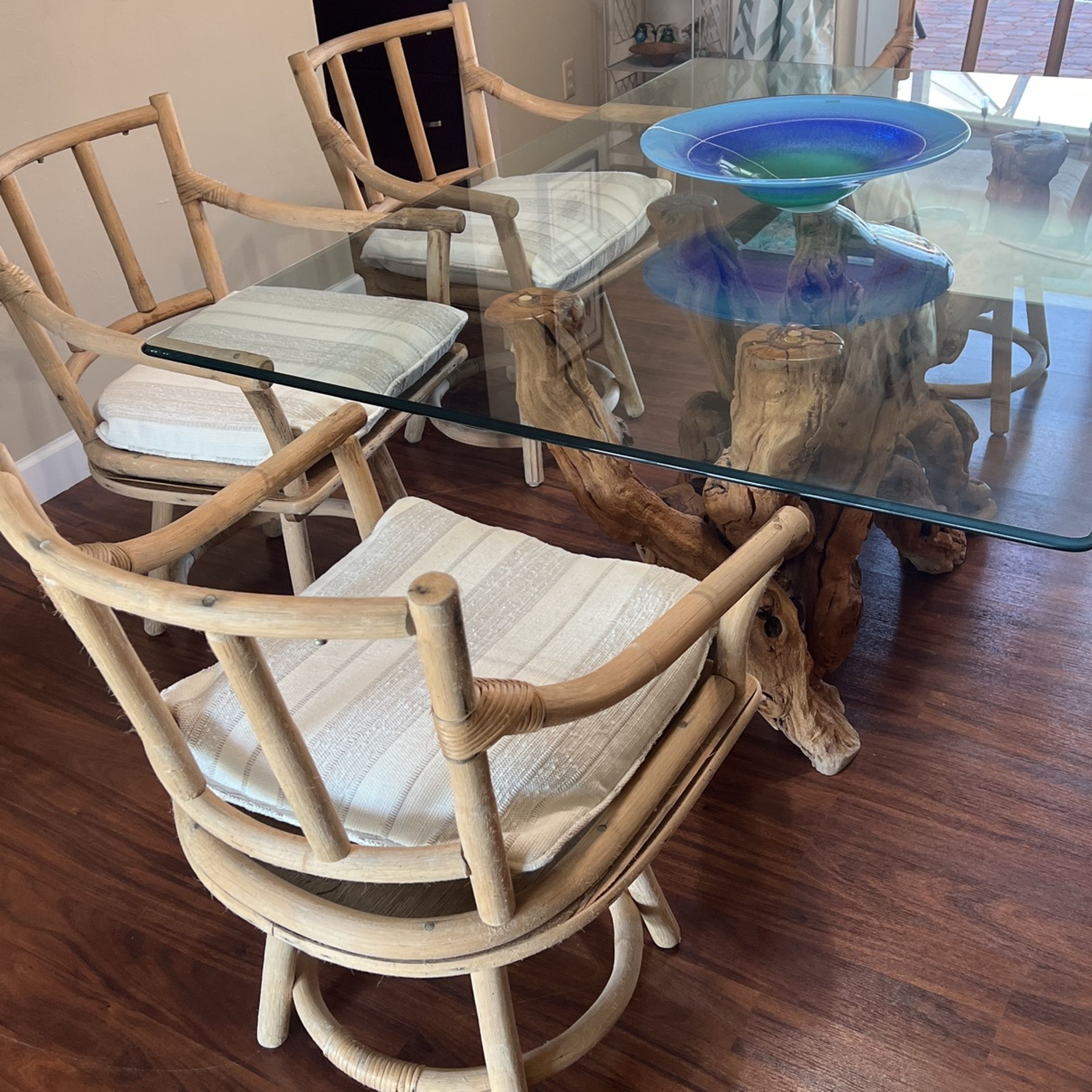 (4) Bamboo rattan Chairs with Cushions