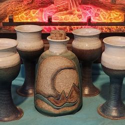 Beautiful Southwest Handmade Wine Decanter & Four Wine Goblets.