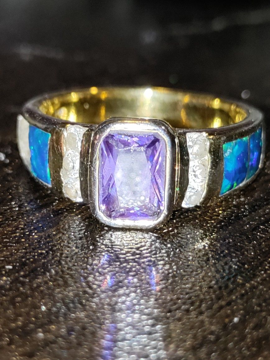 Sterling Silver Amethyst Tanzanite Opal CZ Ring Size 5.5