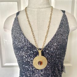 Long Gold Amber Lucite Vintage Pendant Necklace 