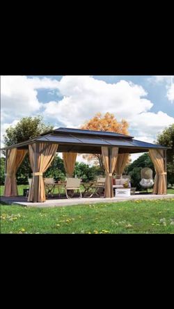 PARTY TIME! Relax and Cozy in Nice Gazebo 20 ft. x 12 ft. Outdoor Brown Polycarbonate Double Roof Gazebo with Curtains and Netting for Garden, Lawns,