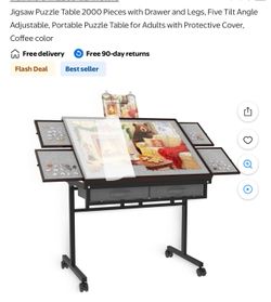 Jigsaw Puzzle Table 2000 Pieces with Drawer and Legs, Five Tilt Angle Adjustable, Portable Puzzle Table for Adults with Protective Cover, Coffee color