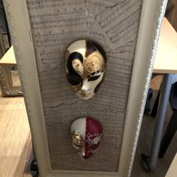Unique Framed Art Work - 2 Venetian Style Masks on Sheet Music Background  20.5” w x 42.5” h 