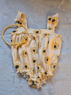 Jessica Simpson, Baby Girl, Sunflower Romper with Headband, 6-9 Mo