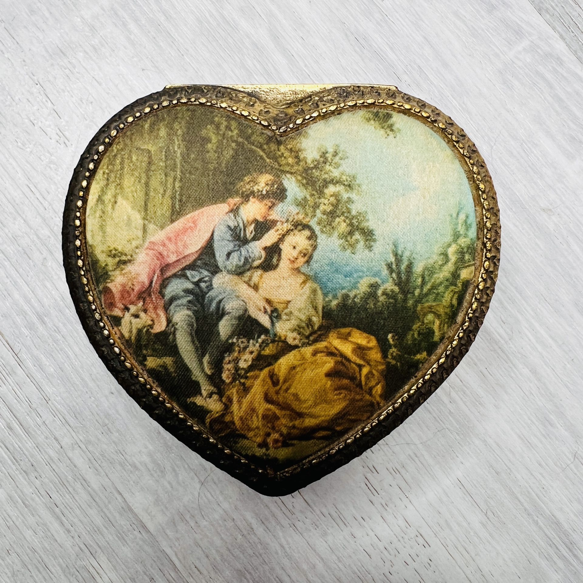 Vintage SCHMID Heart shape Victorian Fabric Top Music Jewelry Footed Trinket Box