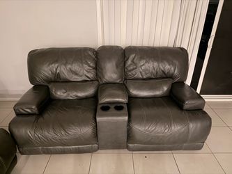 Gray Leather Reclining Loveseat with Console