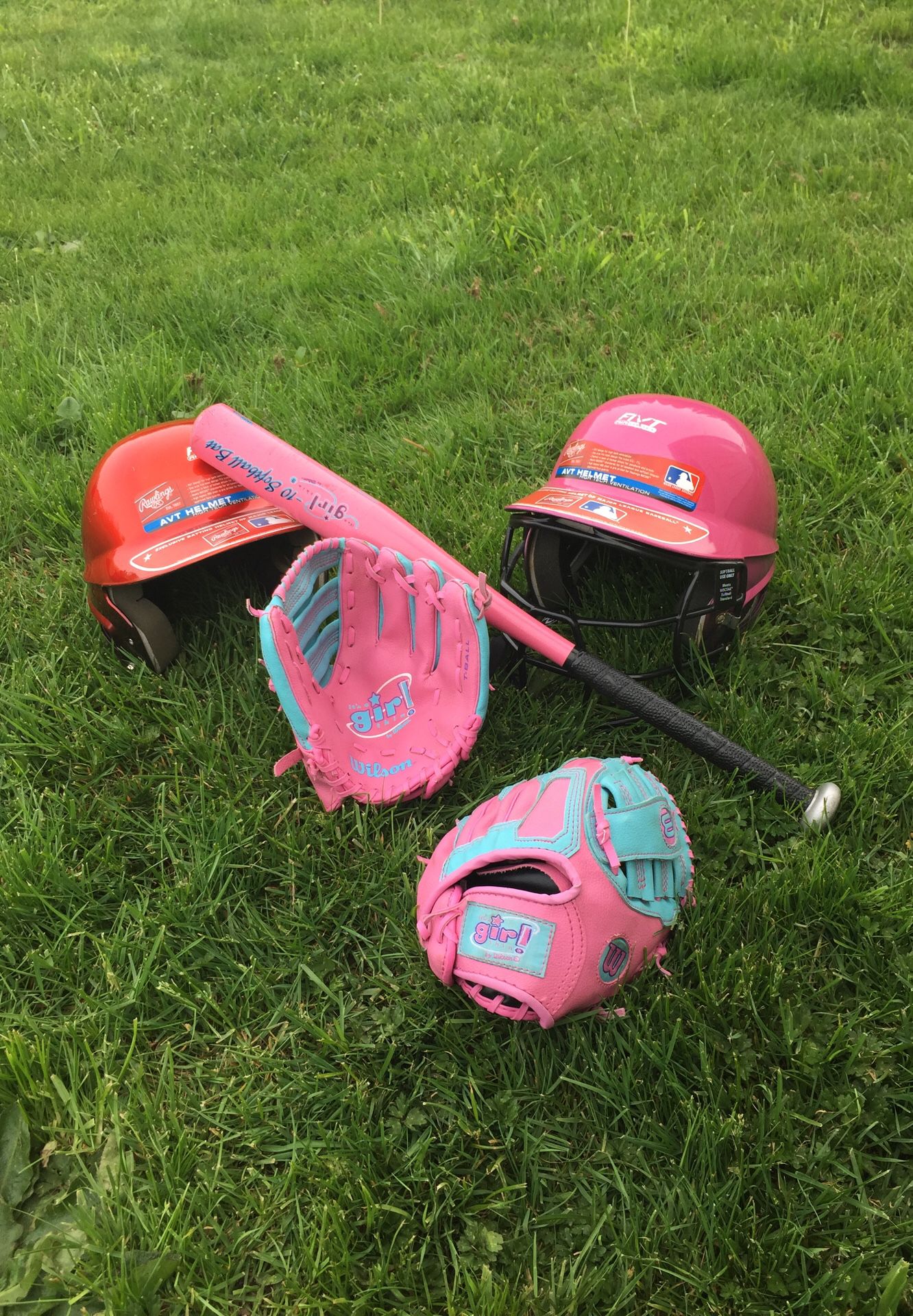 BASEBALL KIT: 2 AVT Baseball Helmets, 2 Pink Wilson Girls T-Ball Gloves, & 1 Pink Wilson Softball Bat (CAN BE SOLD SEPARATELY)