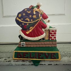 Vintage Midwest Cannon falls Mary Engelbreit  Cast Iron Christmas Stocking Hanger BELIEVE Santa 5.5" Tall In original box. Taiwan.  