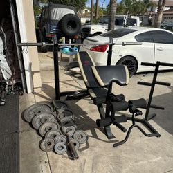 Bench press/squat rack with 7ft 45lbs bar and 255lbs of Olympic weights and curl bar Plus Weights Tree