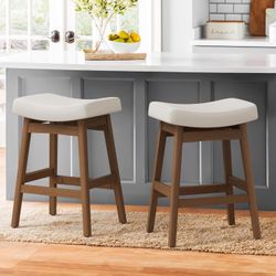 Bar Stools Set of 2, Barstools with Sturdy Wood Legs, Saddle Seat Counter Height Bar Stools for Kitchen Counter, Bar, Dining, 24 Inch Farmhouse Counte