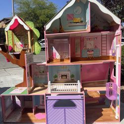 Large Dollhouse, Furniture And Barbie Bus