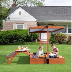 Kids Wooden Sandbox with Canopy and Picnic Table