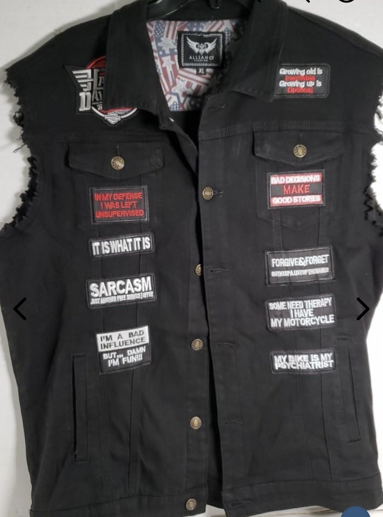 Alliance Cut Off Denim Jacket / Vest Motorcycle patches men's size xl