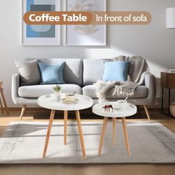 Round Side Table Set of 2, White Marble Pattern Tray Shaped Small End Table Circle