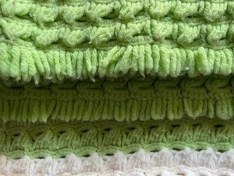 56”-long, 37”-wide Green, White Crocheted Blanket Made of Acrylic Yarn