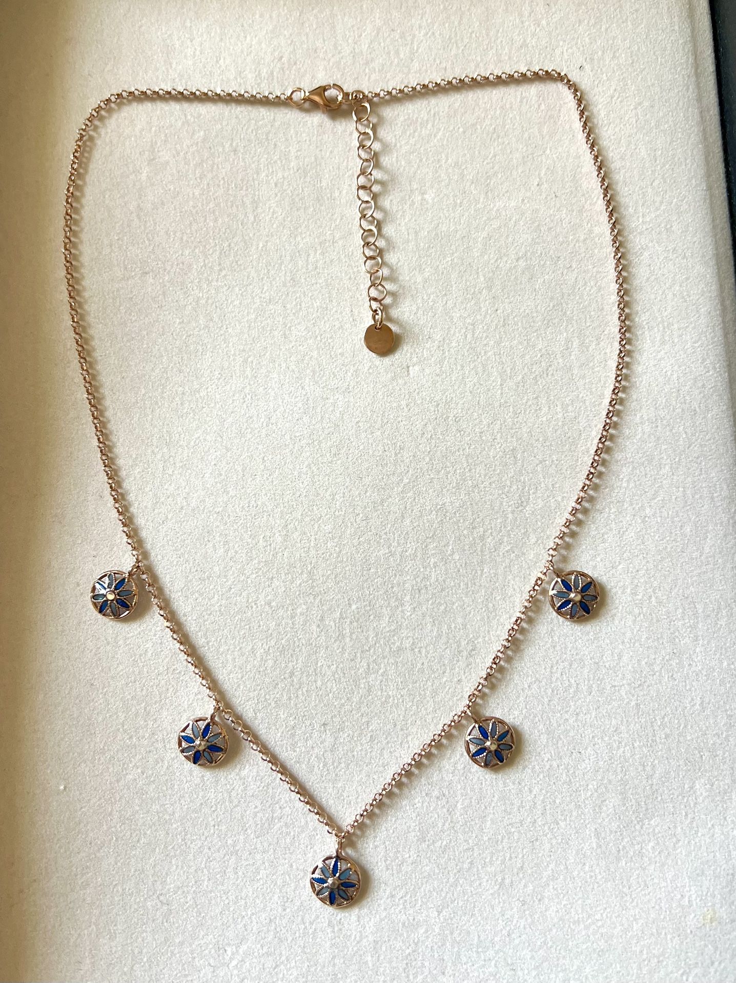 Italian silver plique-à-jour/ translucent enamel drop necklace in rose gold tone