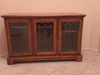 Vintage Oak Storage Cabinet with Leaded Glass Doors