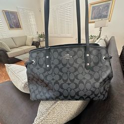 Coach Black Gray Logo Shoulder Bag with Zip Closure and Inner Pockets