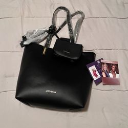 NEW JOY & IMAN Black Leather Tote Purse w Tassels, Popout Insert & Wristlet