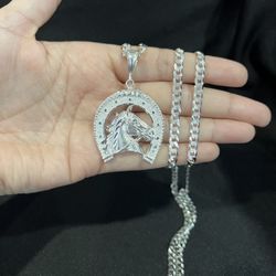 925 Sterling Silver Mens Cowboy Horse Horseshoe Pendant & Curb Chain