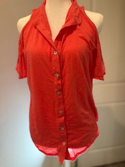 Coral Cold-Shoulder Button-Down Blouse
