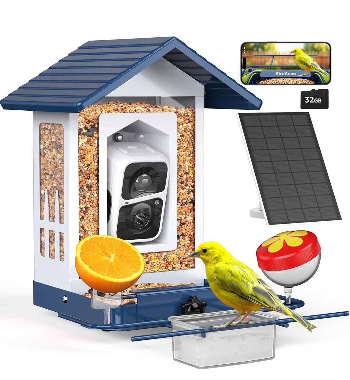 š„ birdsnapĀ® APS - Metal Bird Feeder with Camera Solar Panel 32GB Card, AI Identify 10000+ Birds Camera Feeder, 3 DIY Add-ons, 2K HD Live View Auto Re