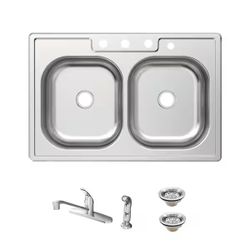 Glacier Bay 33 in. Drop-In 50/50 Double Bowl 20 Gauge Stainless Steel Kitchen Sink with Faucet and Sprayer