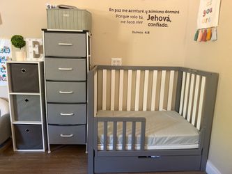 Gray Crib (4 modes), Gray Drawer, and Storage Cabinet Set