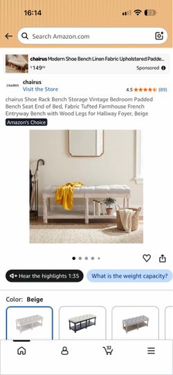 Beige Tufted Upholstered Entryway Bench with Storage Shelf