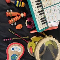 Kids Toy 7pc Instrument Set Inc. Drum, Piano, And Ukulele 