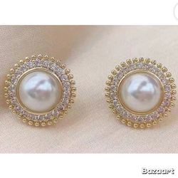 Elegant Gold Finish Simulated Pearl Crystal 925 silver post Stud Earrings