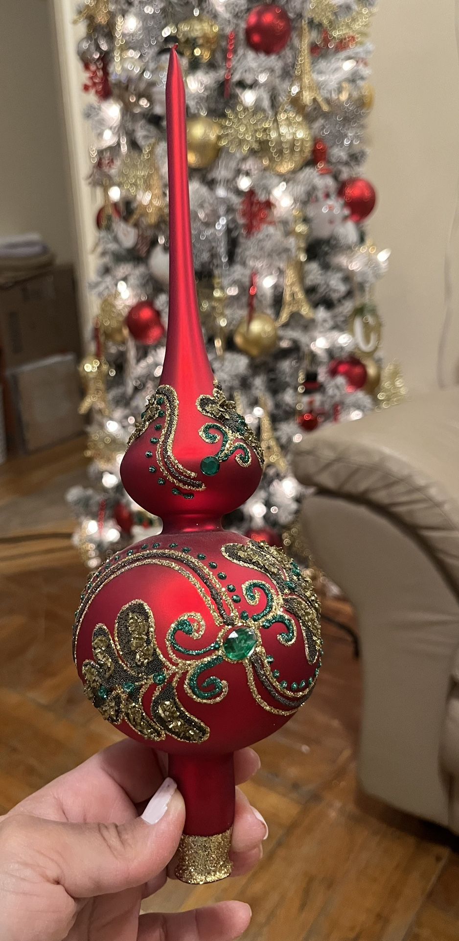 Beautiful Red 13” Tree Topper With Gold And Green Embellishments - Brand New