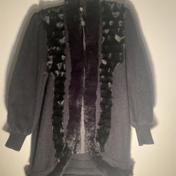 Venesha Black Women”s Angora Rabbit Fur Trim Open Front Sz Medium Sweater Cardigan