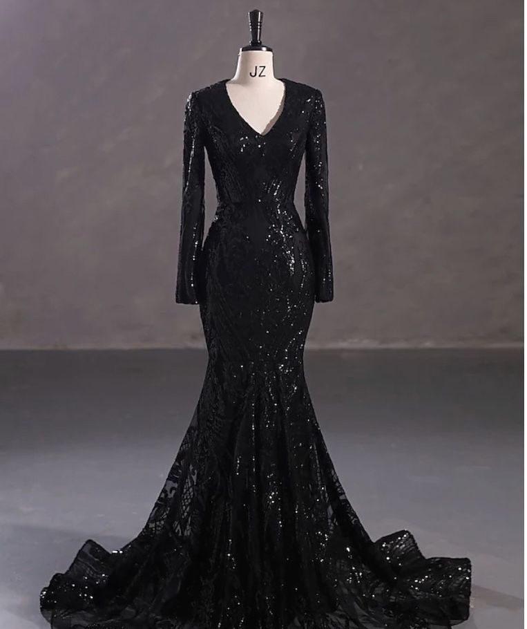 Long Sleeve Black Sequin Prom Dress