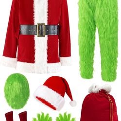 Christmas Costume for Men Green Furry Monster 8PCS Deluxe Adult Santa Suit Xmas Outfit Set Halloween Holiday