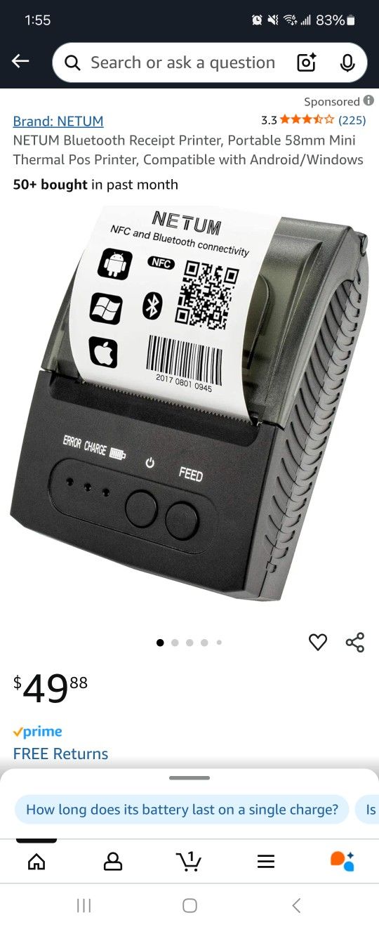 NETUM Bluetooth Receipt Printer, Portable 58mm Mini Thermal Pos Printer, Compatible with Android/Windows