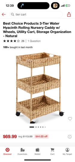 Best Choice Products 3-Tier Water Hyacinth Rolling Nursery Caddy w/ Wheels, Utility Cart, Storage Organization - Natural