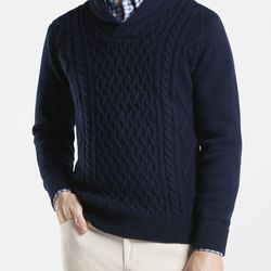Peter Millar Men's Cable Shawl Neck Sweater, Wool-Yak-Cashmere Blend Blue Size M