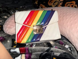Michael Kors Rose Medium Flap Shoulder Bag, featuring striking diagonal rainbow stripes across white quilted leathe