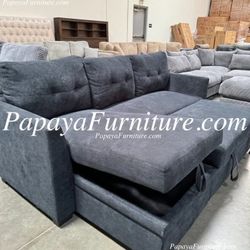 NEW Sectional Sofa with STORAGE Chaise and Pullout Sleeper Bed Sofa Dark Navy Blue Black Convertible Adjustable Reversible Chaise IKEA st BIG Discount