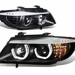 #HL-3D-E9005-BK）  Black LED 3D Halo Ring Headlights High Low Beam with Amber LED Turn Signals Compatible with 06-08 BMW 323i / 05-08 325i 4-Door Sedan