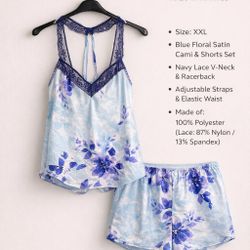 APT 9 XXL Blue Floral Satin Lace Cami & Shorts Pajama Set Intimates