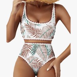 Women's Bikini Sets Floral Print Whip Stitch 2 Piece Swimsuits High Waisted Scoop Bathing Suits-MEDIUM