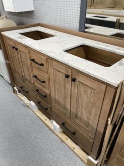 Bathroom vanity cabinet 60” solid Teak Quartz top with sinks and backsplash 