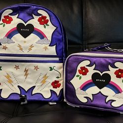 NWT State Bags Kane Kids Double Pocket Backpack Metallic Cowgirl Purple&Lunchbag
