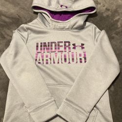 Gently Used Under Armour Storm Hoodie - Girl's YSM, Gray with Purple Logo, Cozy Fleece