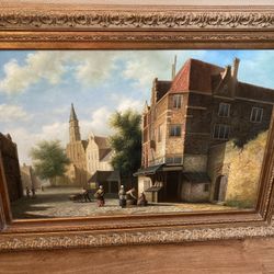 Antique “Old Town” Oil Painting 