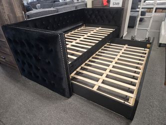Brand new black velvet or gray linen twin over twin daybed